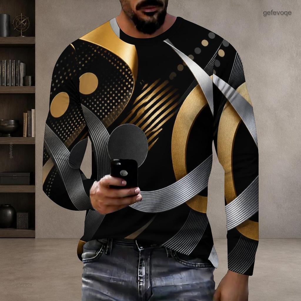 Men Plus Size Round Neck Long Sleeve Printed Gradient Striped Pullover T Shirt Straight Hem