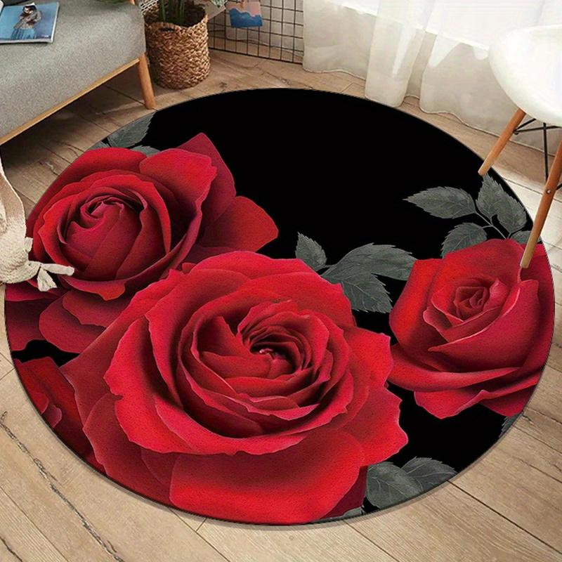 Red rose rug flannel round mat romantic decor bedroom vanity dressing area elegant floral black background luxury feel