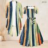 Women Plus Size Two Piece Set Square Neck Short Sleeve Belted Flared Dress Three Quarter Sleeve Striped Print Cardigan