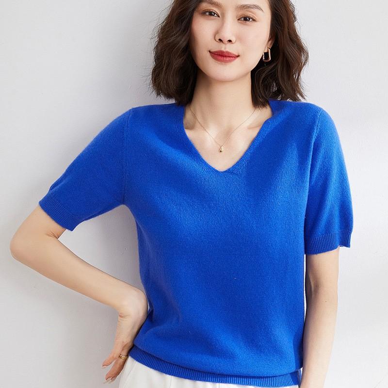 Women's Half Sleeve Knit Top V Neck Elegant Casual Sweater Solid Color Knitwear