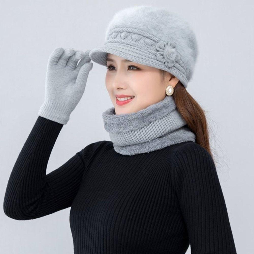 3Pcs/Set Warm Scarf Gloves Set Neck Protection Beanies Hat Winter Knitted Hat  Women