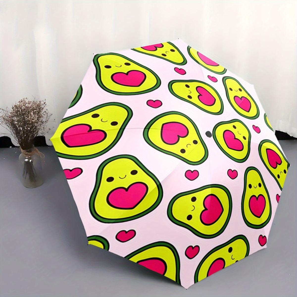 Foldable Avocado & Heart Pattern Umbrella - Automatic Open Compact Travel Umbrella with 8-Rib Durable Frame, Lightweight Desig (as the picture,Iron&8K)