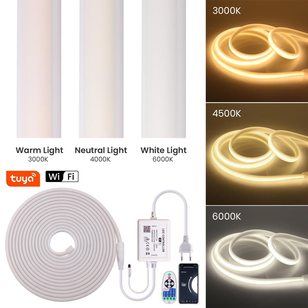 Tuya WIFI Bluetooth COB LED Strip 288leds/M EU 220V High Bright Neon Light RA90 Waterproof Garden Ribbon Tape Remote Control