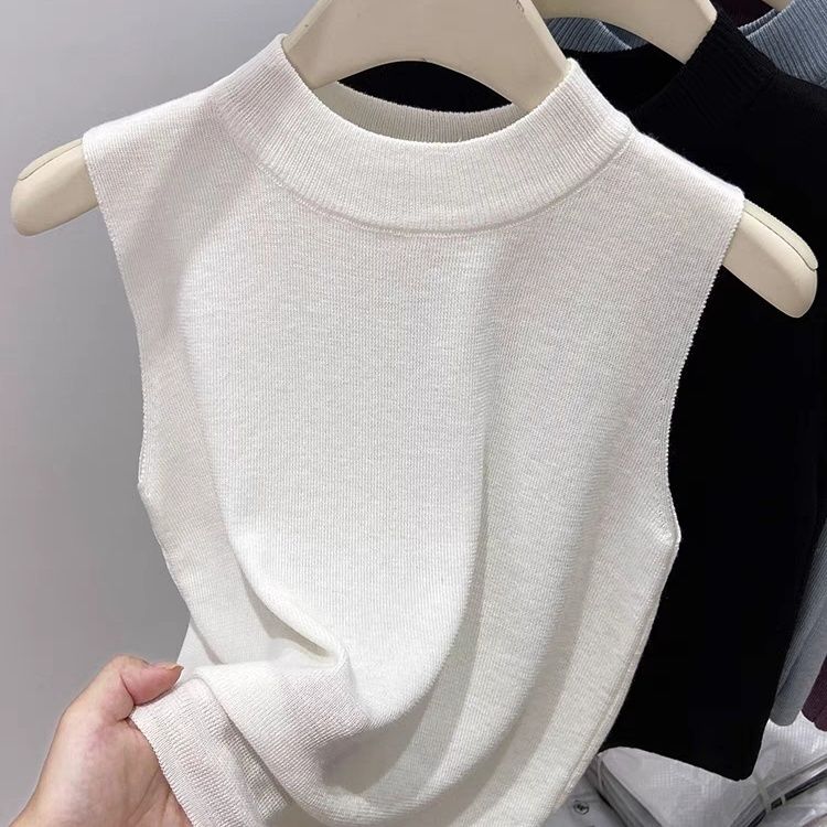 Versatile Sweater Knitted Slim Solid Color Base Layer Camisole Tank Top High Neck Short Outer Wear Sleeveless Top