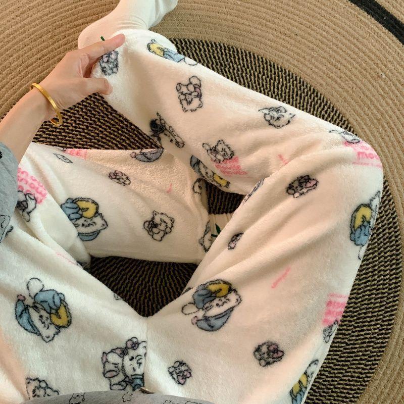Cute Hello Kitty Women's Coral Fleece Pajama Pants Cartoon Kitty Sleepwear Loungewear