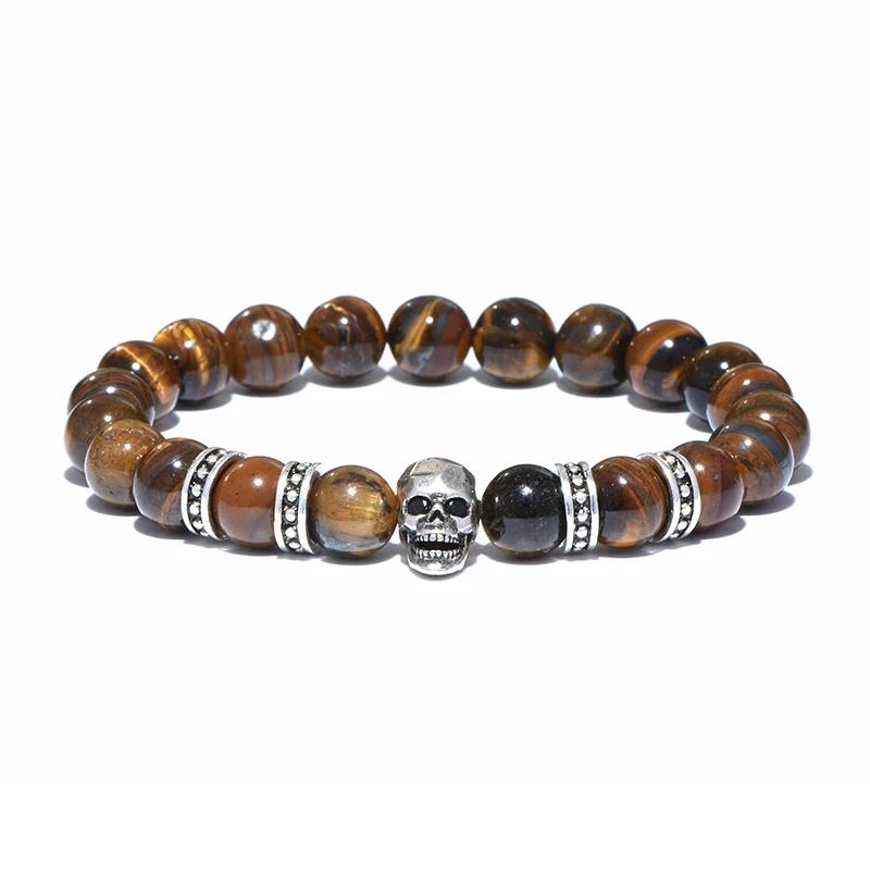 Gothic Skull Bracelet For Men 8mm Smooth Tiger Eyes Stone Strand Braslet Accessories Hombre Gifts For Him Vintage Jewelry Joias