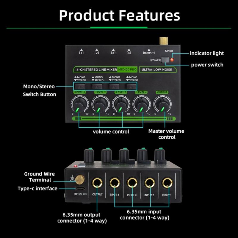 Low Noise 4 Channel Line Mixer for Mixing 4 Stereo Channel LED Mixer Adapter for Microphones Guitars Keyboards