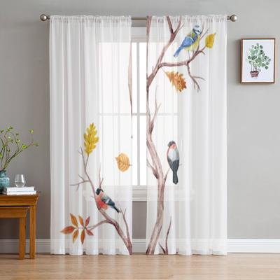 Fall Trees And Birds Pattern Sheer Curtains For Bedroom Living Room Tulle Curtains For Kitchen Window Voile Curtains