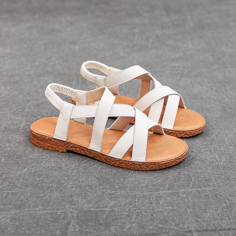 2025 new summer cowhide cross flat heel rubber soft sole casual breathable light foot cover solid color Roman sandals women