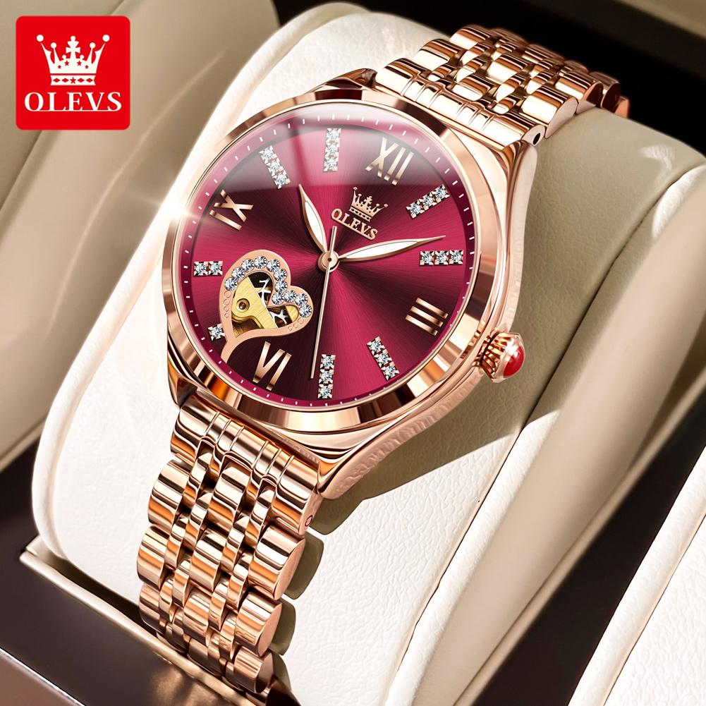 OLEVS Women's Watches Elegant Luxury Rose Gold Original Automatic Mechanical Wristwatch for Lady Hollow Out Lover Movement New