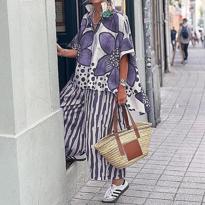 Floral Print Short Sleeve Top and Striped Wide Leg Pants 2-Piece Set