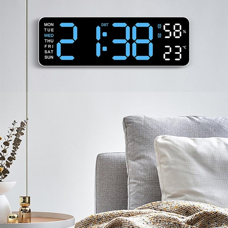 Multifunctional LED Wall Clock with Temperature Display Adjustment Brightness and 2 Alarms 12/24 Hour Memory Function