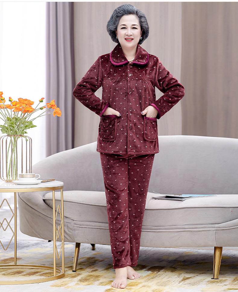 Women's Winter Warm Flannel Pajamas Set for Middle-Aged and Elderly - Cozy Granny Home Wear for Autumn and Winter