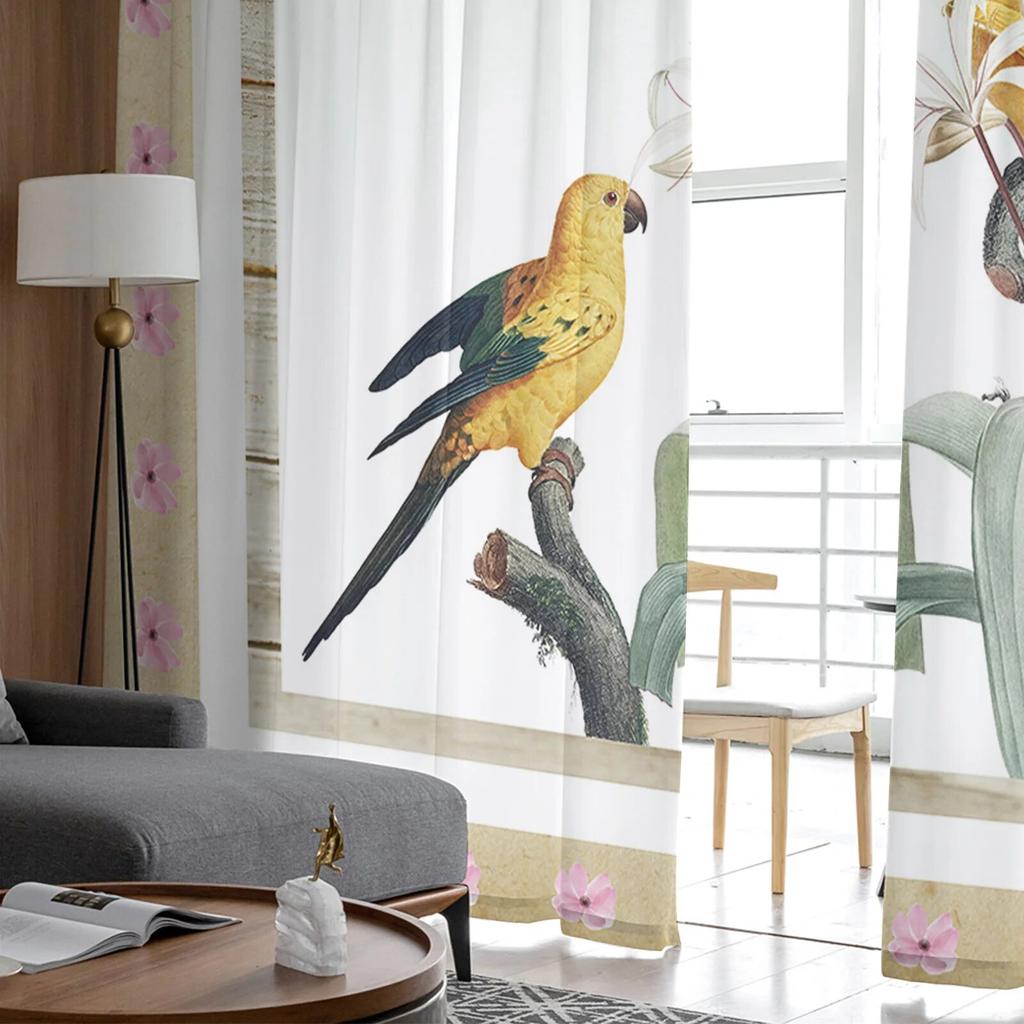 Bird Flower Yellow Branch Tulle Curtains for Bedroom Living Room Printed Sheer Curtains Summer Home Decor
