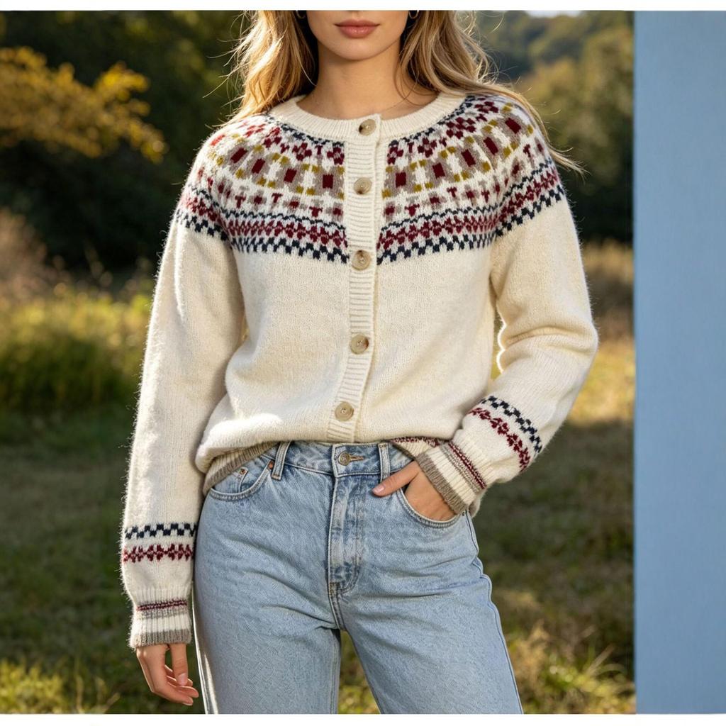 Women's Fair Isle Knit Cardigan - Autumn/Winter Soft Fluffy Sweater with Round Neck