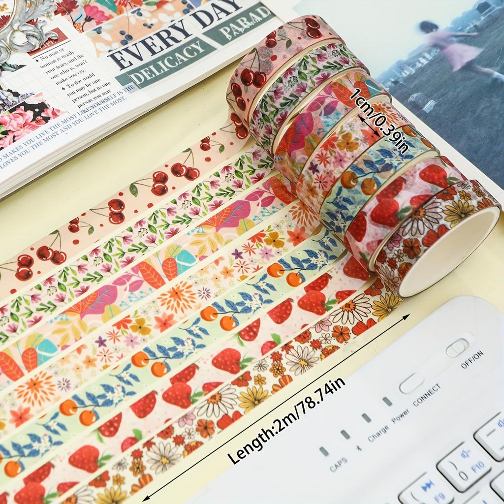5 Rolls of Hand Account and Paper Tape with Plant and Floral Decorative Stickers Suitable for Handicraft Gift Packaging Festival