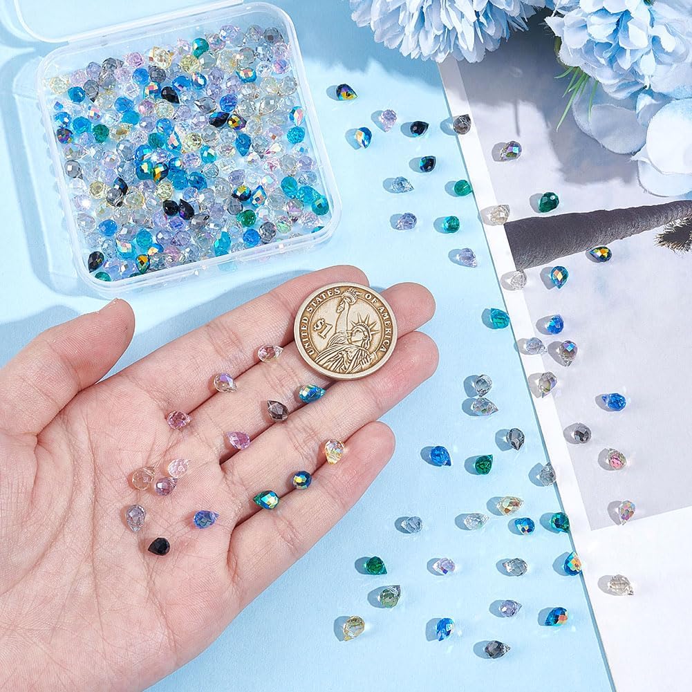 AHANDMAKER 225Pcs Teardrop Glass Beads, 15 Colors Faceted Glass Drilled Drop Crystal AB Glass Beads Crystal Prism Beads for Bracelet Necklace Earring
