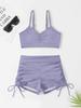 Nouveau maillot de bain bikini couleur unie européen et américain pour femme sexy petite poitrine push-up taille haute angle plat cordon de serrage fendu conservateur
