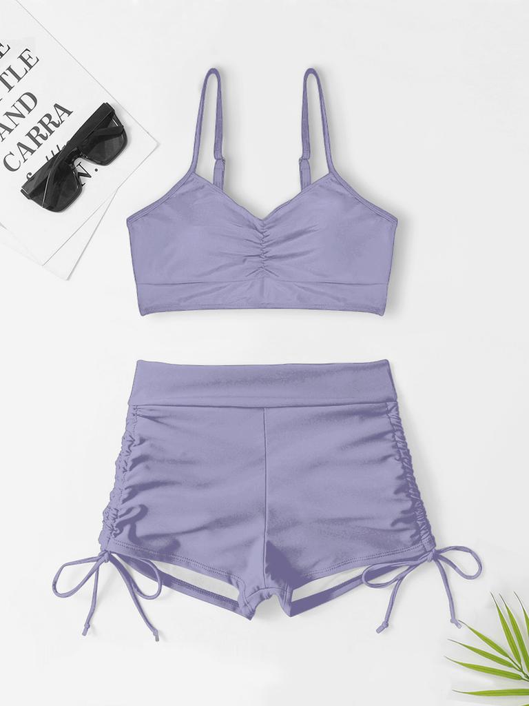 Nouveau maillot de bain bikini couleur unie européen et américain pour femme sexy petite poitrine push-up taille haute angle plat cordon de serrage fendu conservateur