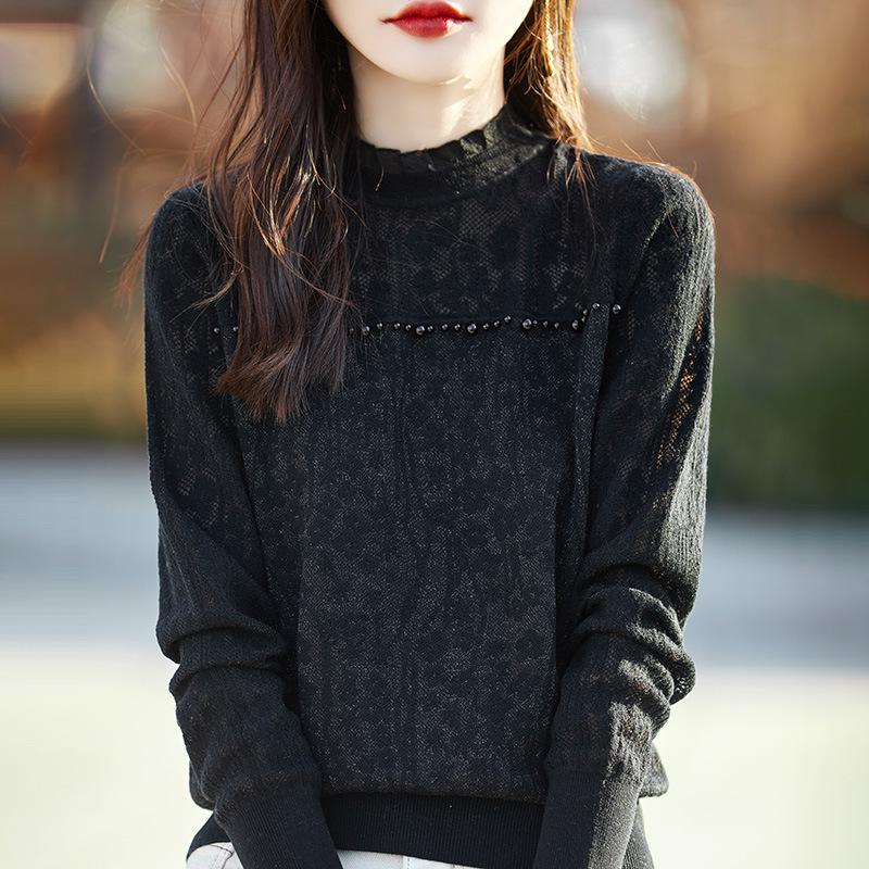 Spring New Style Beaded Lace Lapel Long-sleeved Base Loose Cutouts Top