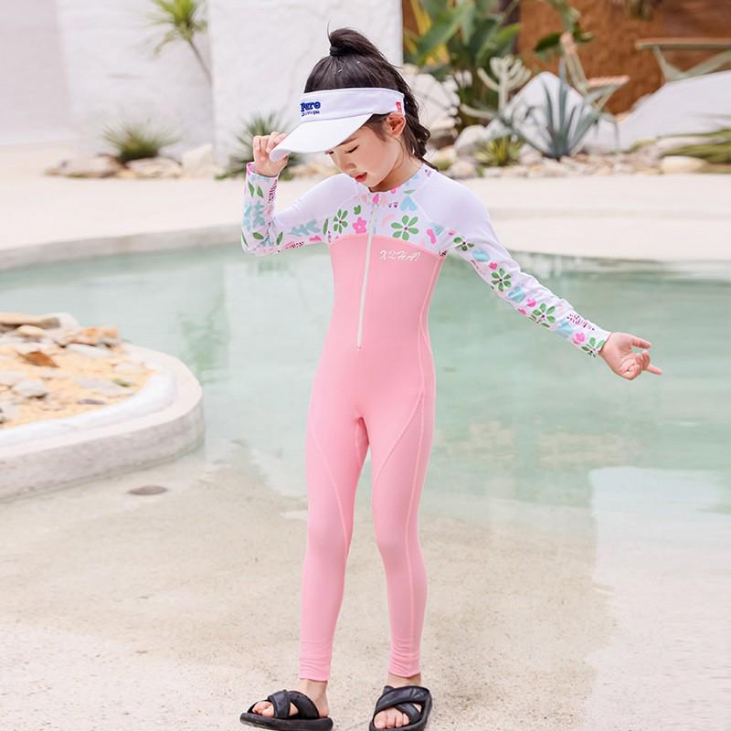 2026 Customizable Girls' Long Sleeve Sun Protection Swimsuit for Surfing & Rafting