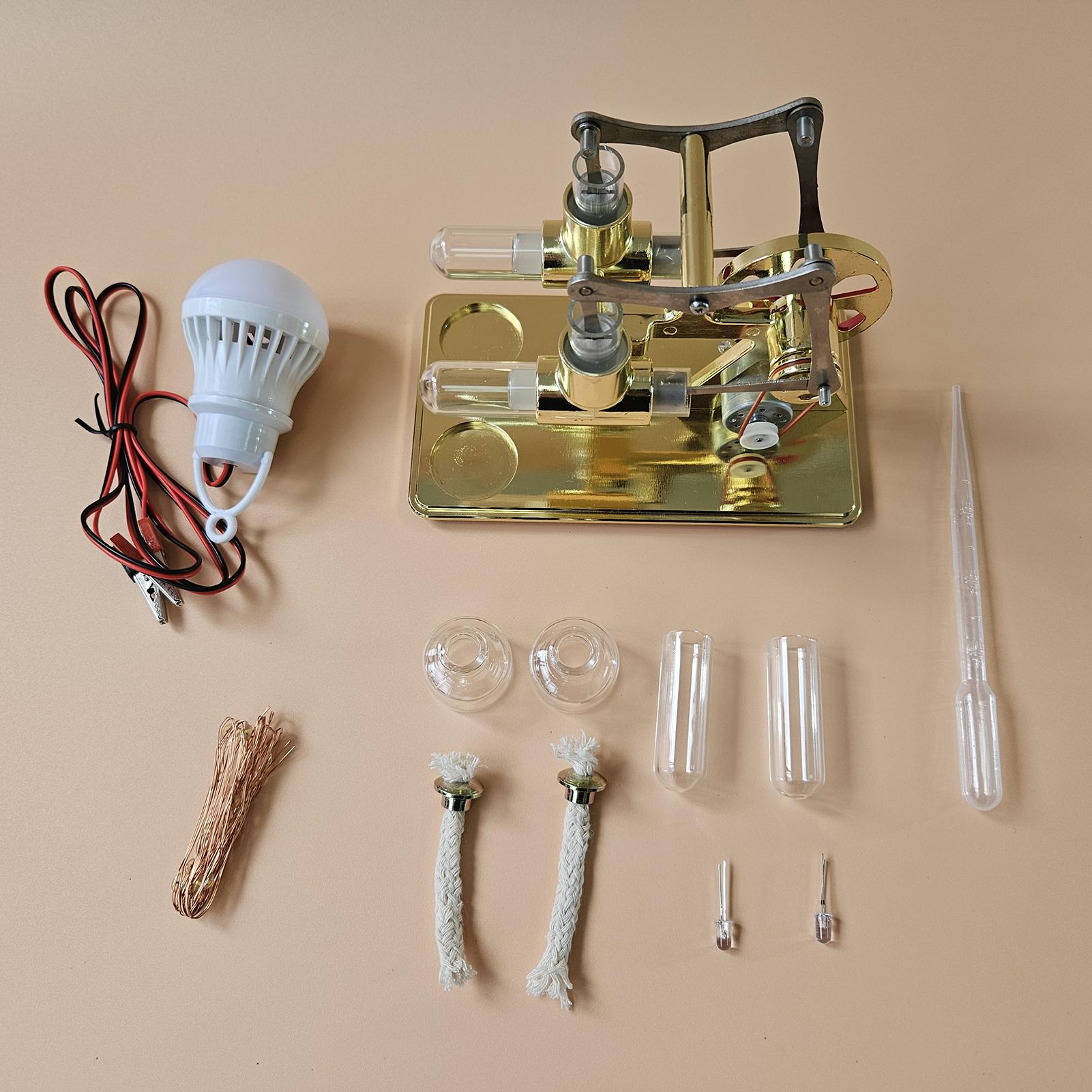 Hot Air Stirling Engine Electricity Generator Motor Physical Dual Engine Model with LED Bulb Dollar Flywheel Design DIY Toy золотой