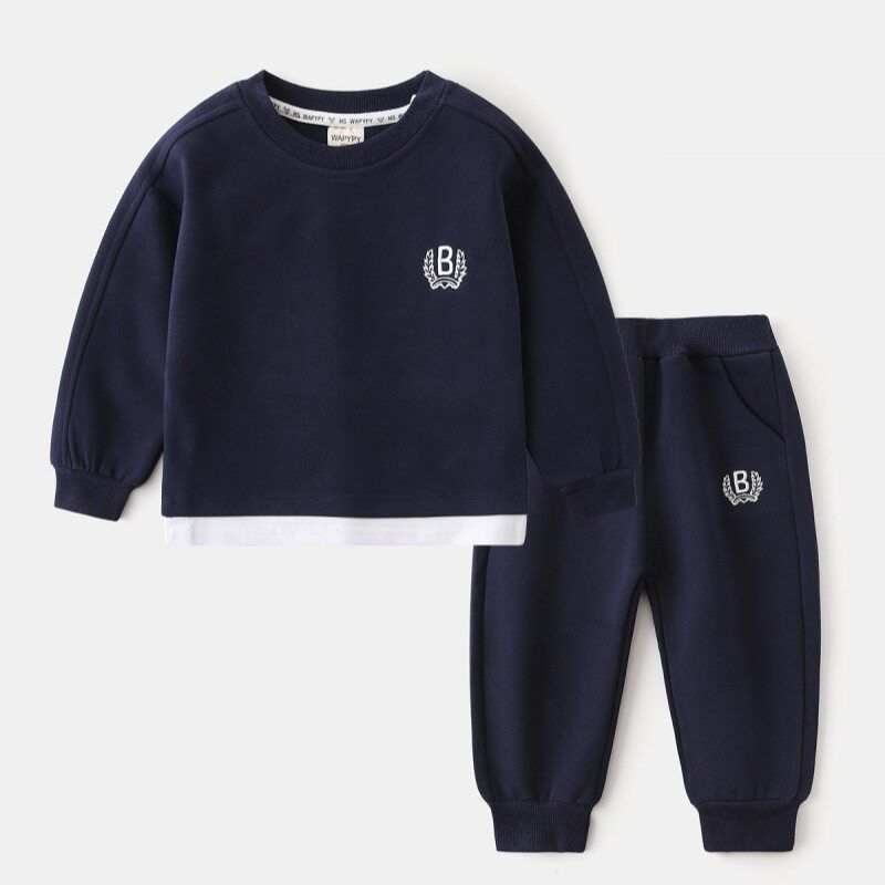 Spring and Autumn Boys  Letter Set Kids Sweatshirt Sports Pants Two-piece Set Baby Fake Two-Piece Long Sleeves Pullover Navy Blue (Fake Two-Piece Suit) 90