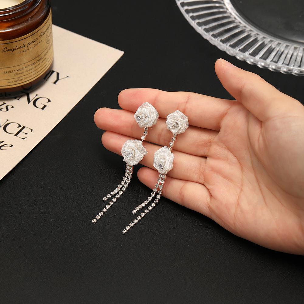 Pure White Mesh Flower Earrings Women'S High-End Long Diamond-Fringed Rose Personalized Earrings