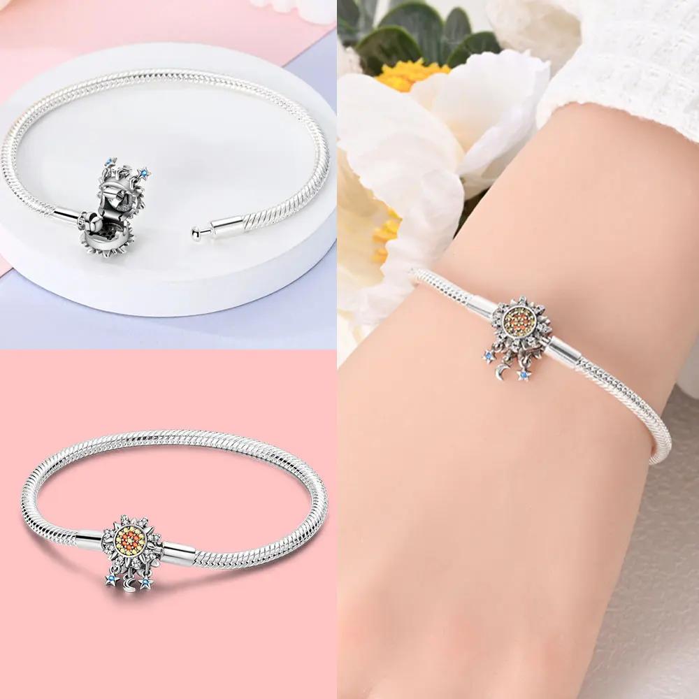 Colorful Dreamy Star Moon Bead Bracelet Fixed Chain Unicorn Women 925 Silver Bracelet Jewelry Anniversary Fine Gift