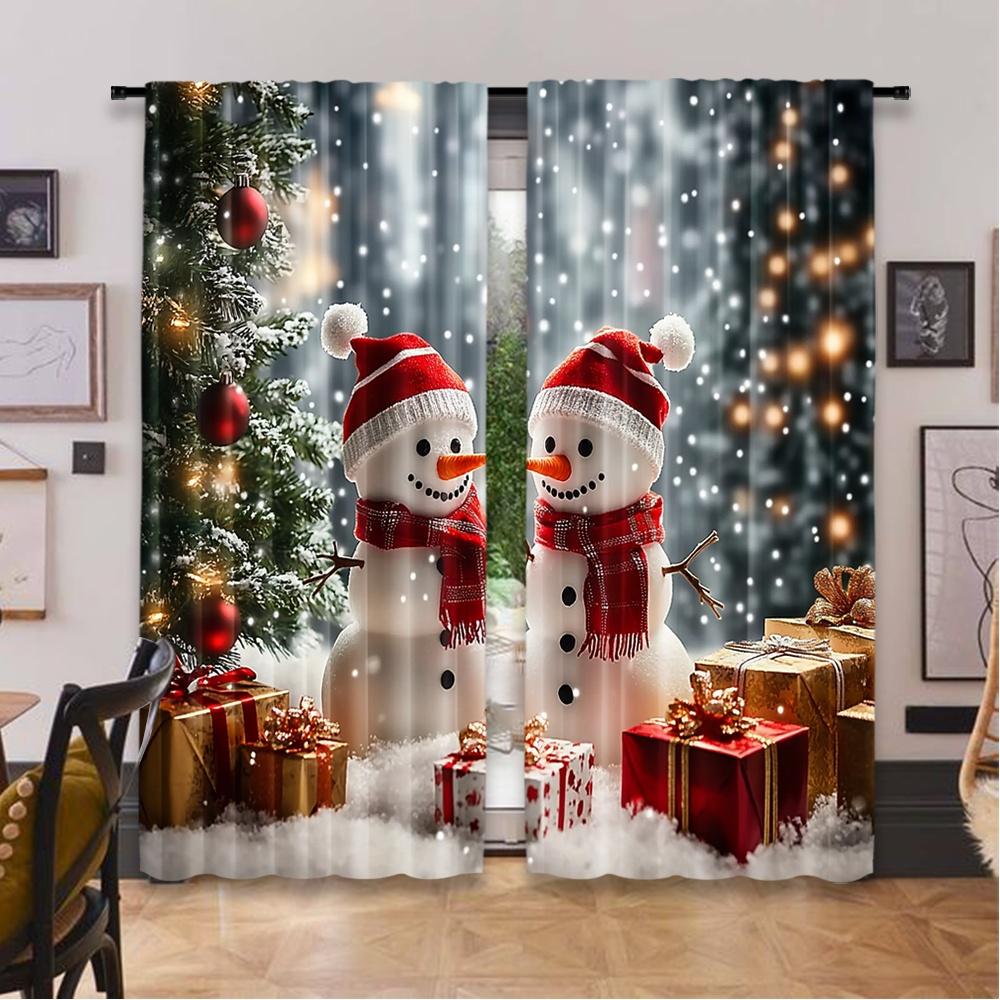 Flat Printing Happy Christmas Scene Curtains Day Snowman Tree Prints Digital Printed Polyester Drapes Set Of 2 Made