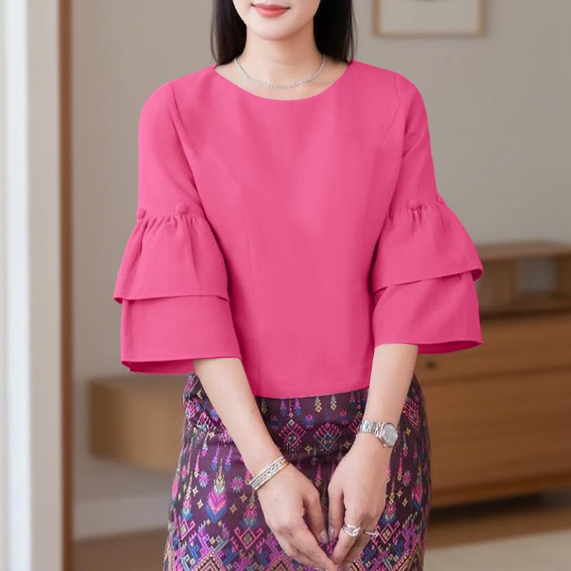 

ZANZEA Женская повседневная блузка с круглым вырезом и рукавом 3/4 5XL розовый