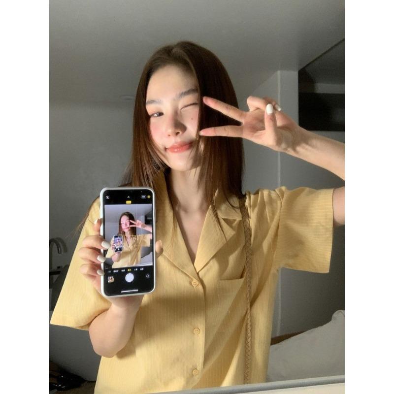 Niche Design Striped Short-sleeved Shirt for Women Summer New Style Style Shirt Loose Casual Suit Collar Top