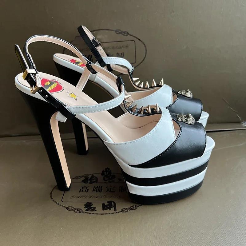 Fashion Brand Sexy Rivet 16cm High Heel Sandals Platform Party Wedding Ball T-stage Women Shoes High Quality Large 43summer Female Shoes