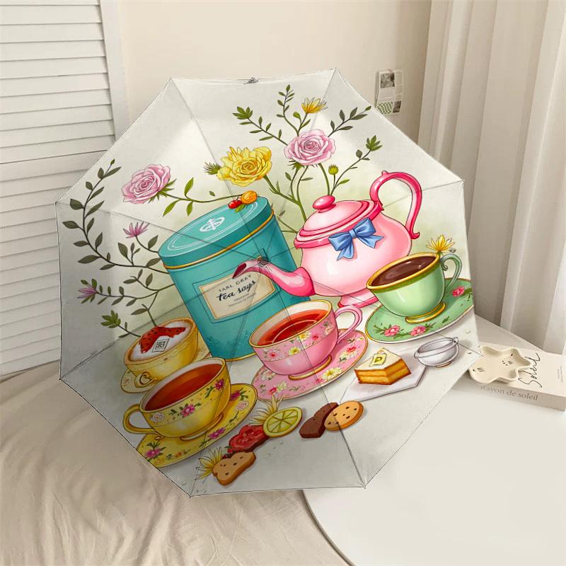 

1pc Tea Time Tea Party Automatic Open/Close Umbrella Compact Folding Umbrella with 8-Rib Shaft for Women/Men, Elegant Birthday1282S