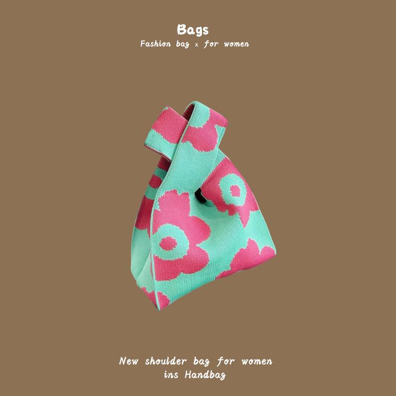 Ins Trendy Handbag Women'S Knitted Wool Bucket Bag Hand Carry Casual Tote Bag Box Lunch Bag