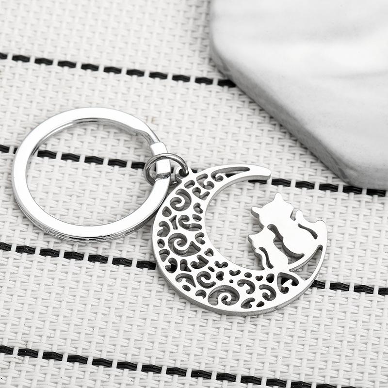 Cartoon Moon Cat Stainless Steel Keychain Sweet Snuggling Kitten Design Fashion Couple Pendant Practical Daily Bag Charm