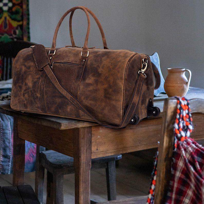 Handmade Leather Trolley Duffel Bag Mens Travel Duffel on Wheels Carry on Cabin Luggage Overnight Duffel Christmas Gift for Men and Women