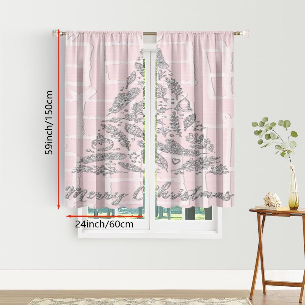 2PCS Digital Print Curtains, Pink Christmas Tree Merry Christmas Pattern, Cute Festive Style for Xmas Holiday Home Decor