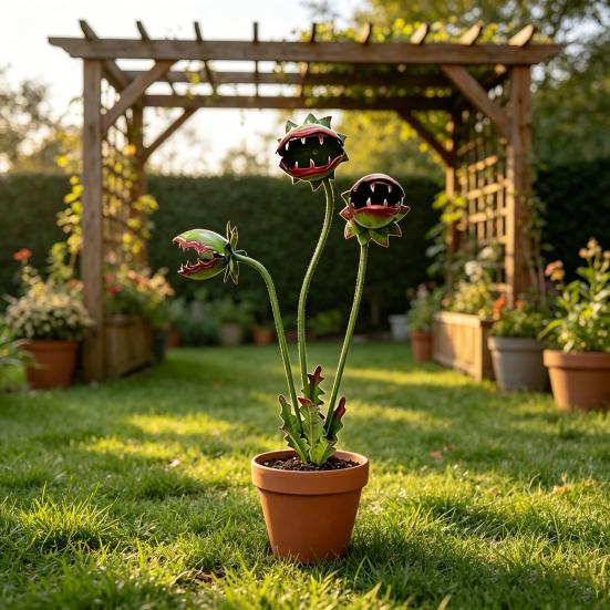 Metal Carnivorous Plant Garden Stake Handmade Rainproof Yard Sculpture for Flower Beds Patios Planters Rustproof Unique Quirky Garden Gift