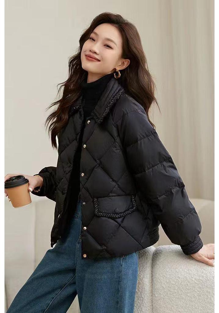 Women's Stylish Diamond Pattern Short Down Jacket - Winter Loose Thickened Coat, 2025 New Style for Petite Sizes.