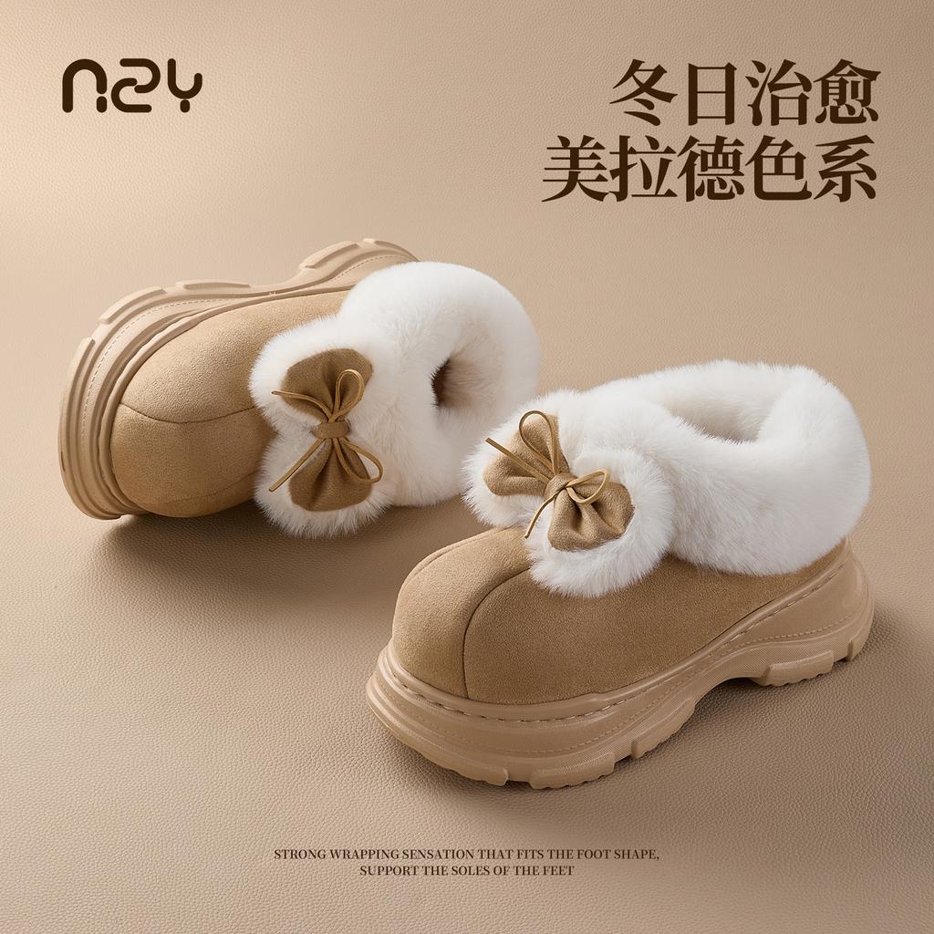 2025 new bow cotton shoes home indoor velvet warm outer wear heightening non-slip snow boots