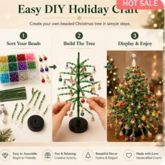 Mini Tabletop DIY Beaded Christmas Tree Craft Kit, Handmade Glass Bead Holiday Decor with Light String
