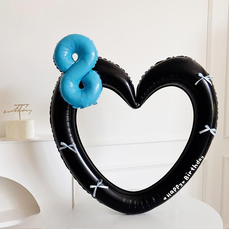 Heart Photo Frame Balloon Foil 0-9 Blue Number with Bowk Stickers for Blue Style Birthday Party Photo Props Wedding Ballon Decor