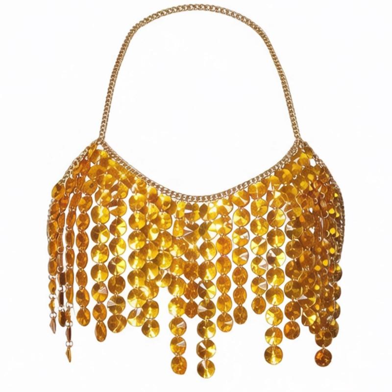 Halter Body Chain Top with Cascading Faceted Disc Fringe, Open Back Body Jewelry Accessory for Party and Festival Outfits