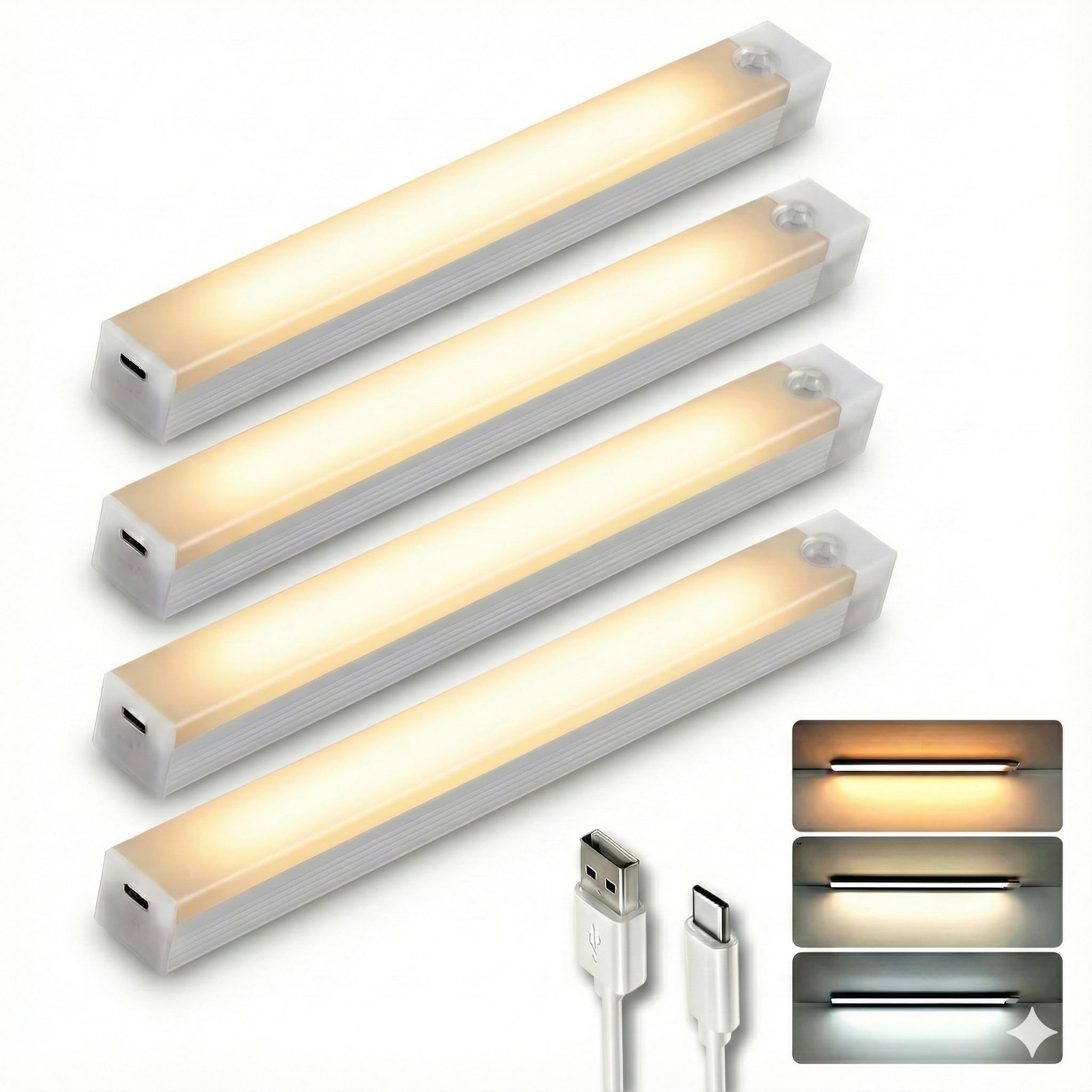 

Motion Sensor LED Indoor Rechargeable Night Light for USB Warm White Natural Light Color Set of 4 [CHALMERS] Hallways, Light, (3 Switching),
