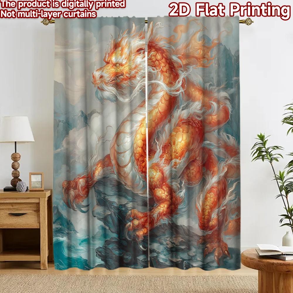 2D Flat Printing 2pcs Curtain Drapes Chinese Dragon In Clouds Digital Printed Polyester Drapes Birthday Party for Photo Booths &