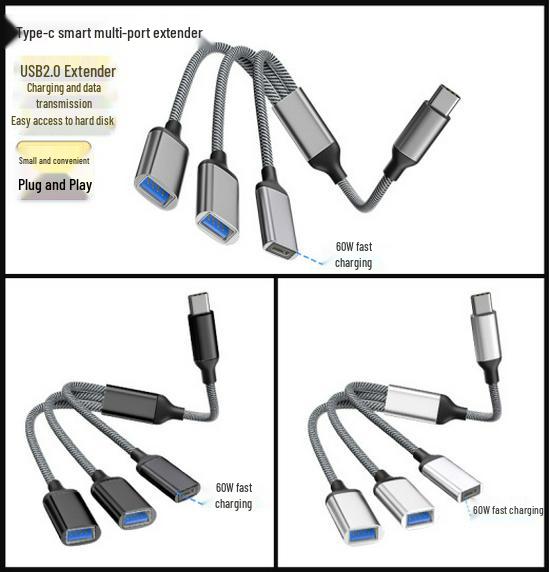 

Док-станція-розподільник USB-C: Багатопортовий OTG-хаб-адаптер для телефону та комп ютера Black, 3-in-1 Type-C with 60W Charging