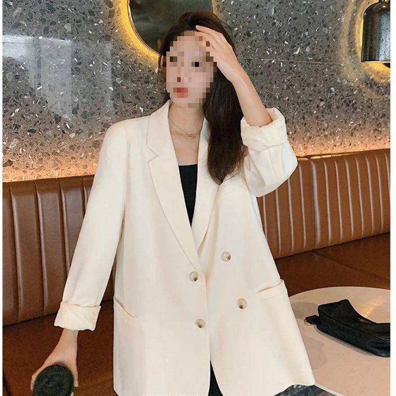 Beige Double-Breasted Loose Fit Blazer for Women - Korean Style Spring/Autumn