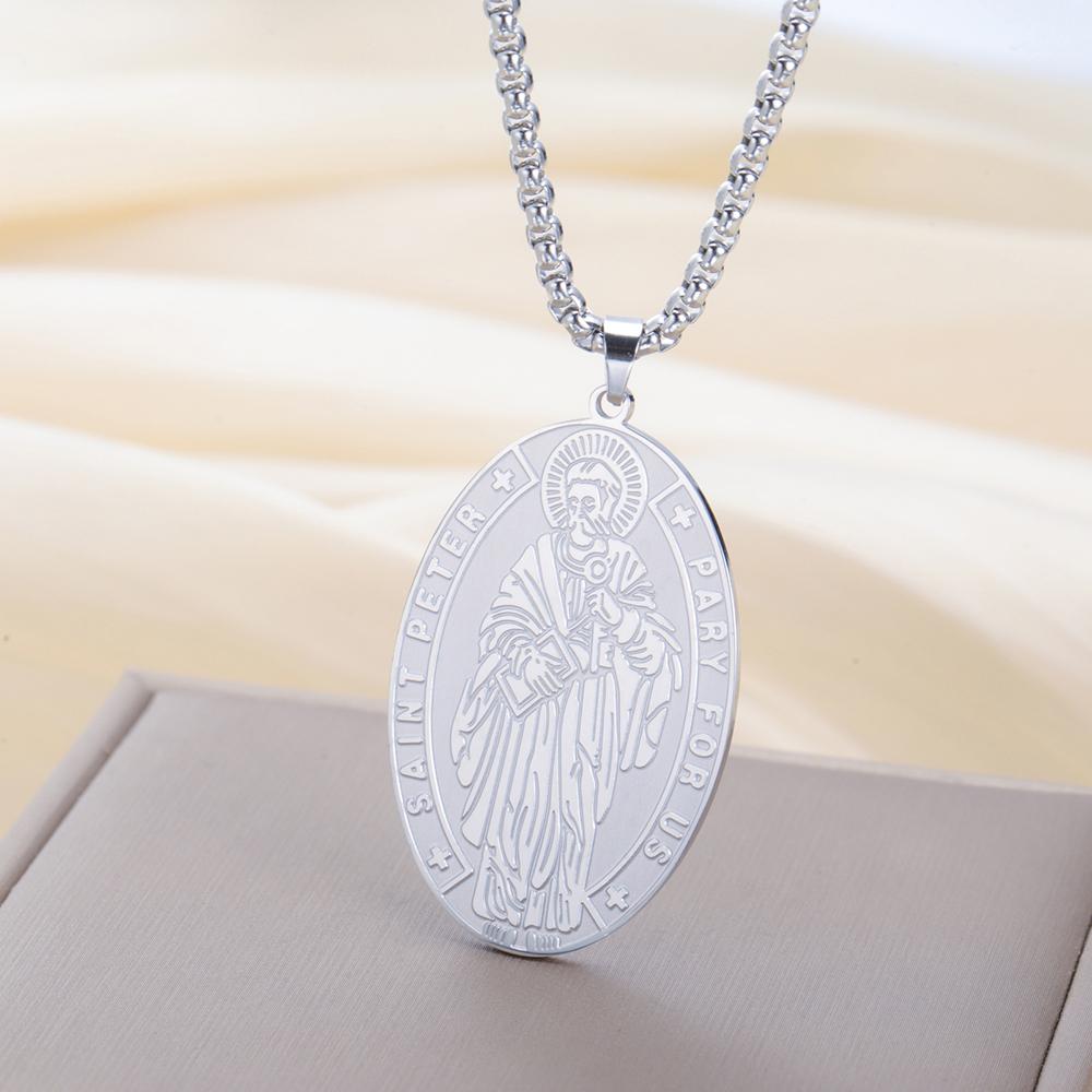 Dawapara Saint Peter Christian Medalion Necklace Religious Pendant Patron of Fishermen Baptism Gift Stainless Steel Jewelry