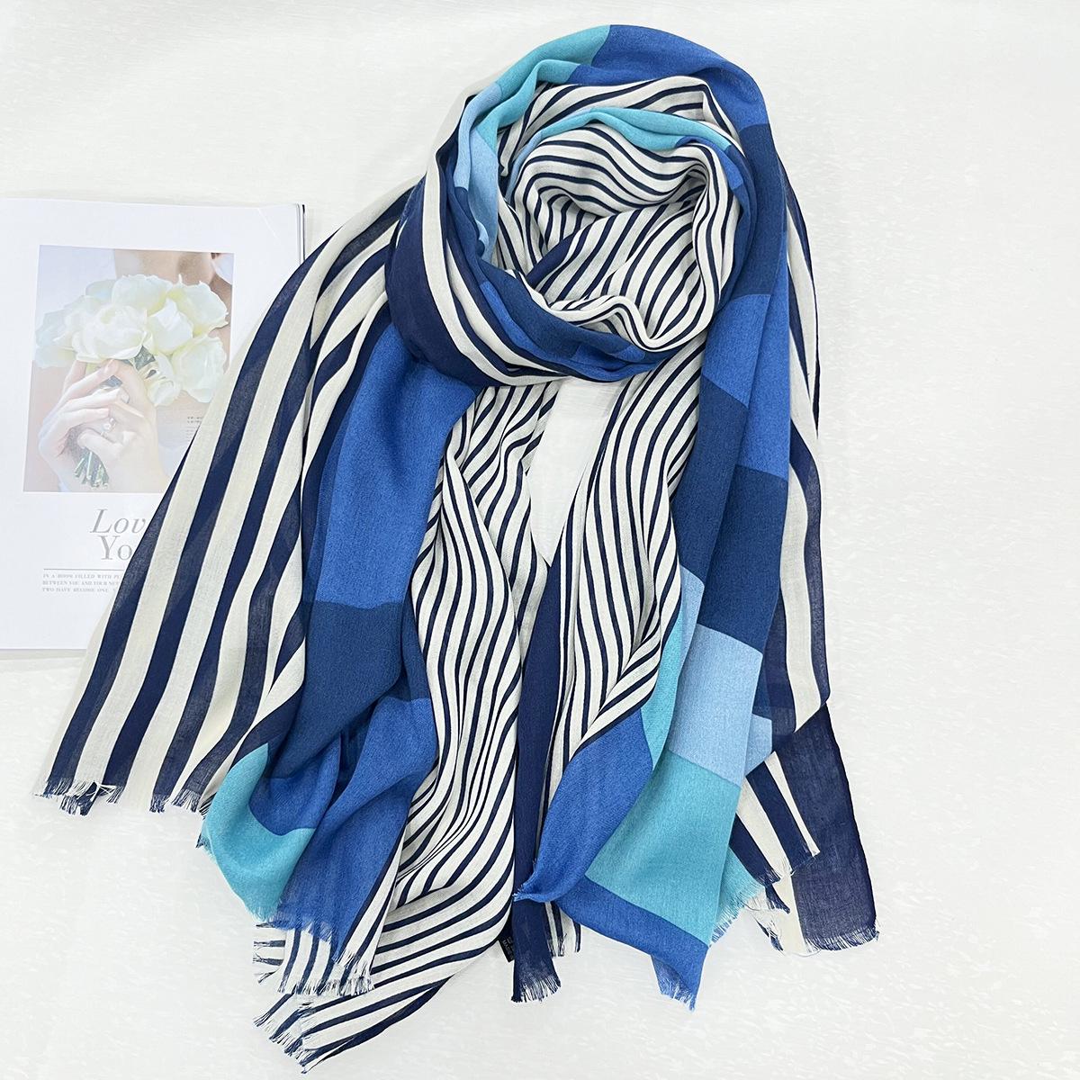 

Модный женский геометрический шарф из хлопка и льна - Универсальная, легкая шаль для путешествий весной/летом и защиты от солнца Above 175cm синий